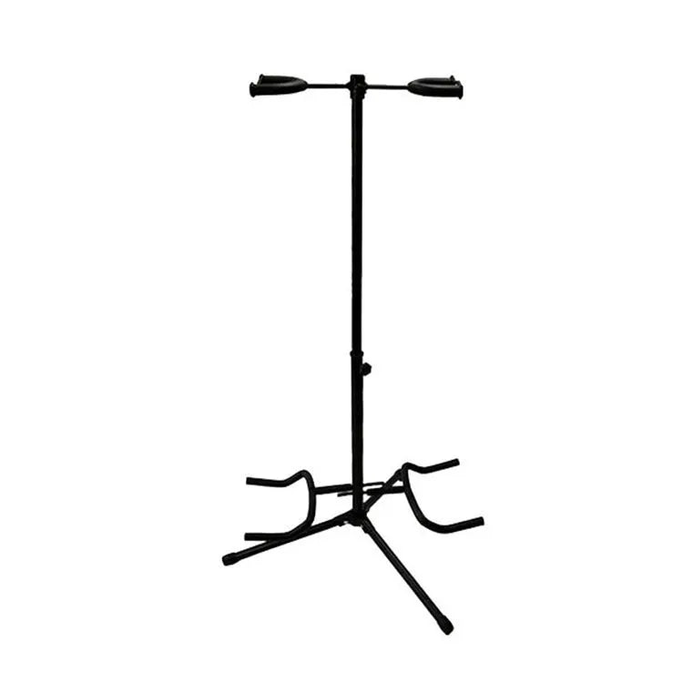 Black iron double-headed adjustable guitar stand holding two guitars with 360-degree rotating heads