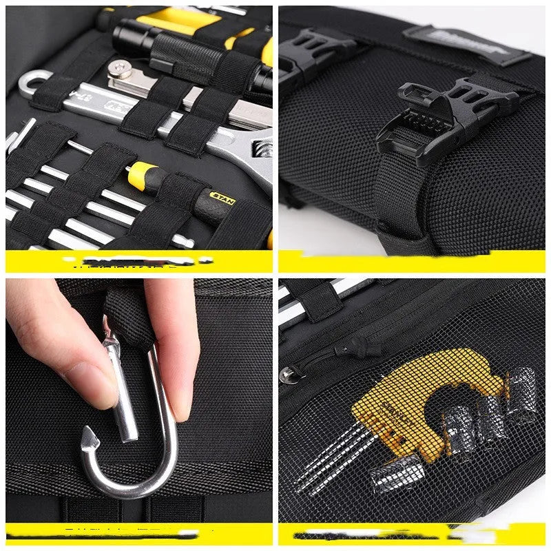 Foldable polyester motorcycle repair kit organiser bag with elastic tool straps, mesh zip pocket, black or military green