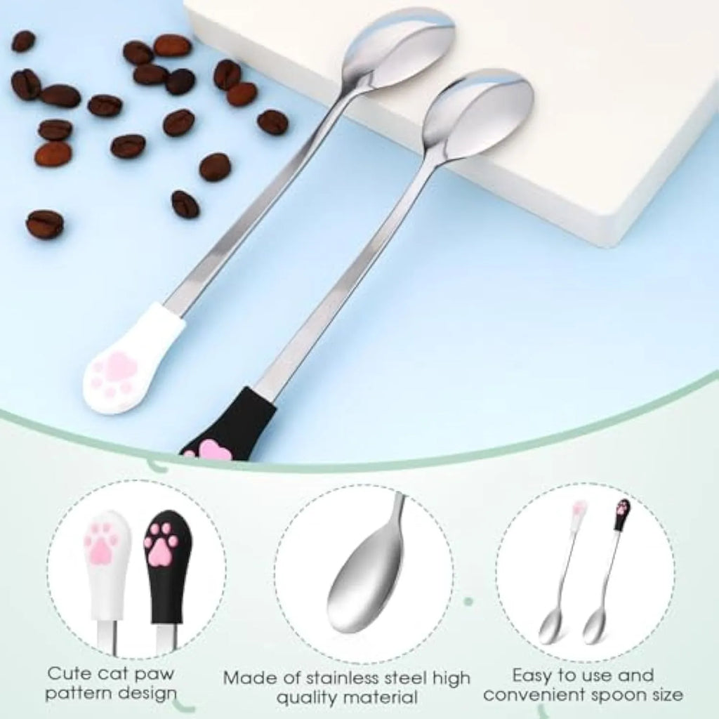 White and black stainless steel pet food spoons with cat paw print and silicone handle