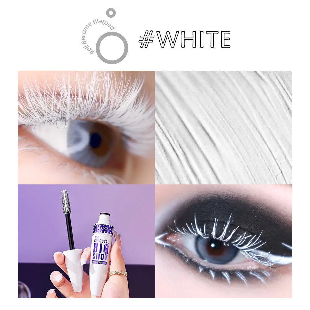 White waterproof mascara with 10ml volume, quick-drying formula, and curling effect for defined lashes