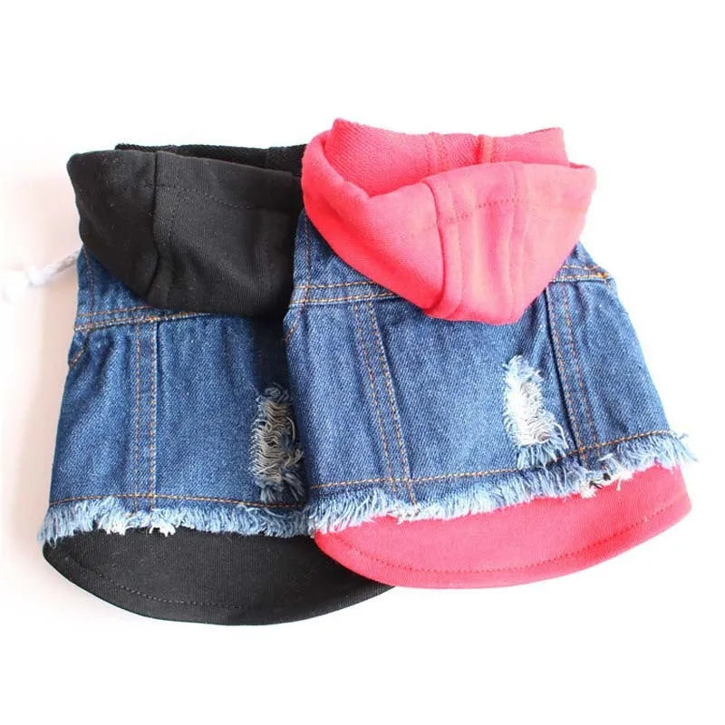 Denim dog hooded vest in black or red, British style pet clothing, sizes XS to XXL