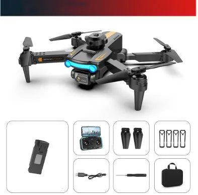 Black or blue dual-lens toy drone with four-channel remote, optional optical flow positioning, and 4K-listed camera