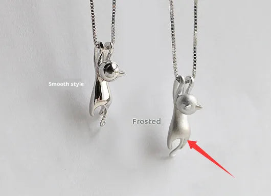 S925 sterling silver cat necklace with box chain, available in frosted or glossy finish