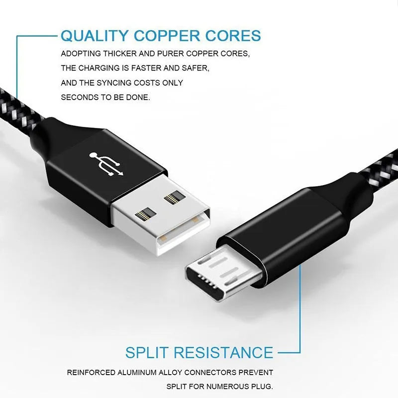 Braided fast charging Micro USB data cable for Android phones in black and white colour