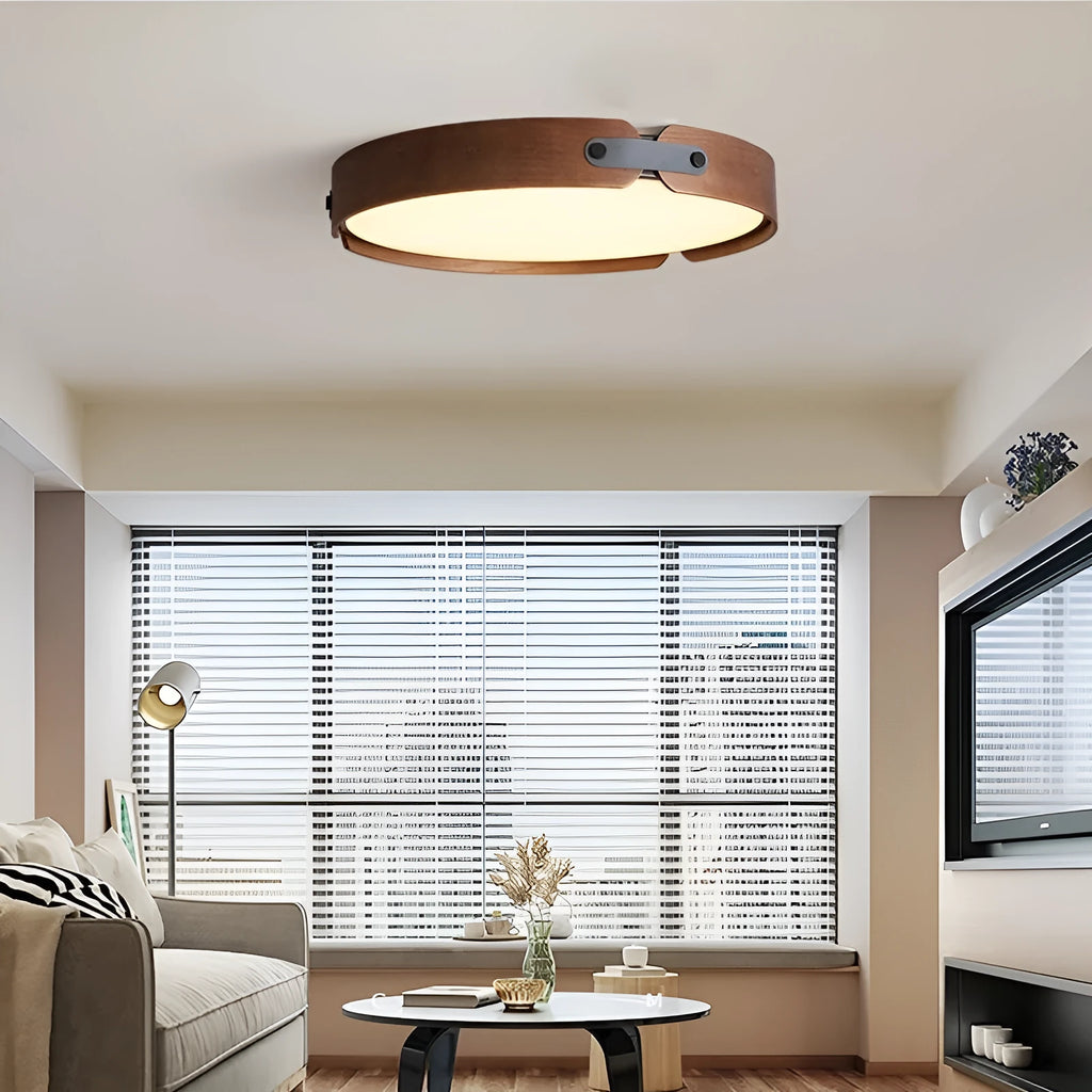Japanese-style wooden ceiling lamp with a white PMMA shade, shown in a warm light setting.