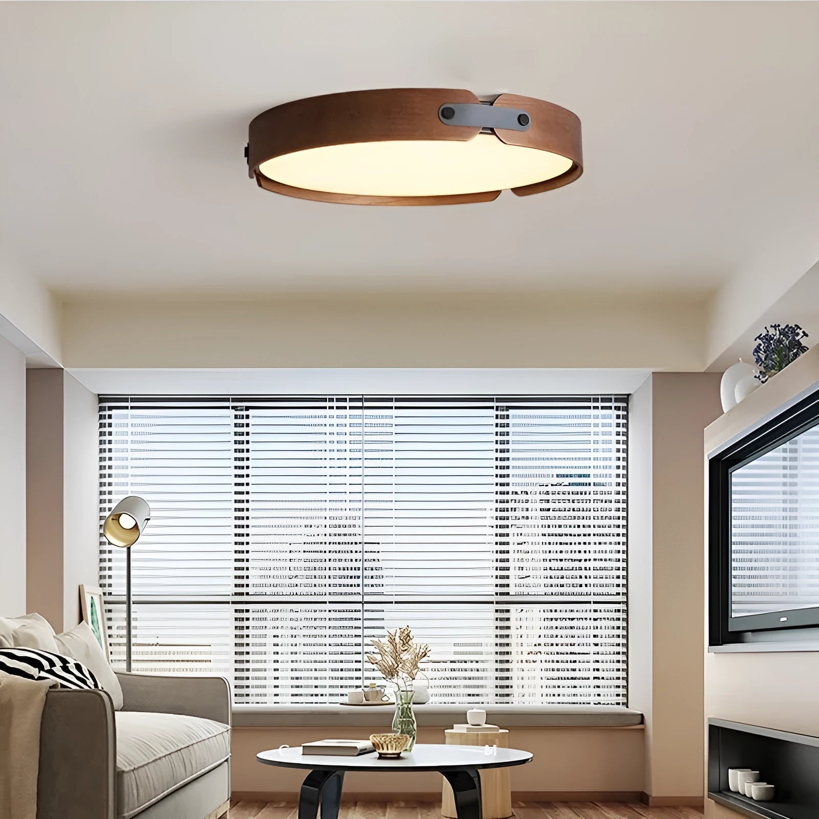 Japanese-style wooden ceiling lamp with a white PMMA shade, shown in a warm light setting.