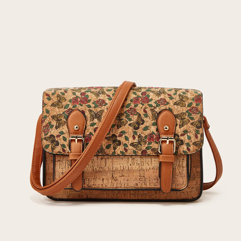 One-shoulder crossbody women's bag with printed design in pansy, square print, grass flower, or green colour, made from PU material