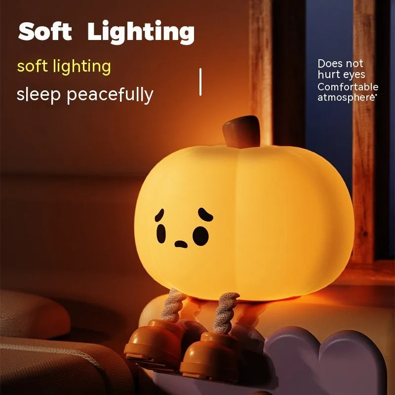 Soft silicone pumpkin night light with USB rechargeable battery and touch dimming controls
