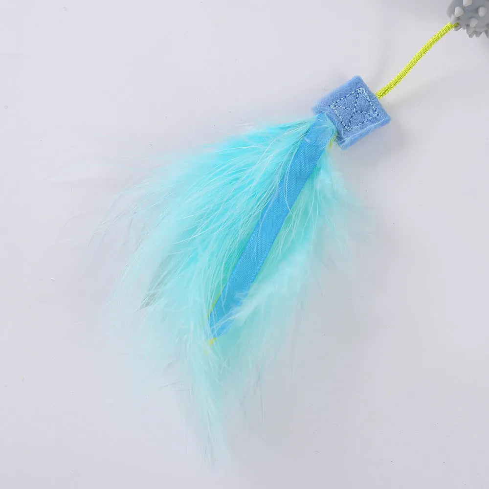 Blue plastic suction cup cat toy wand with double-haired prick head and grinding teeth section