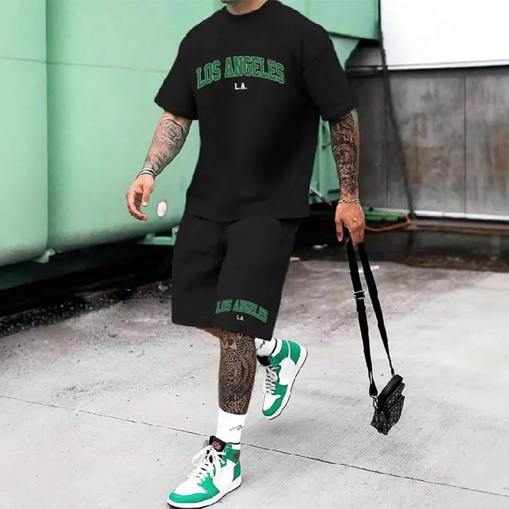 Men's 3D printing sports suit with short sleeves and shorts in polyester, sizes XS to 6XL