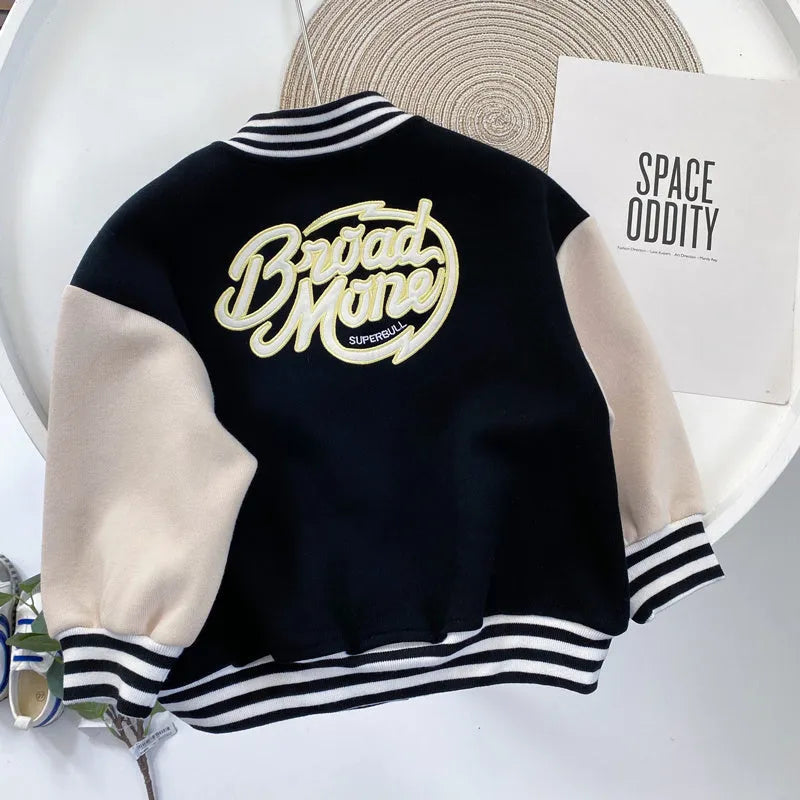 Boys cotton baseball jacket with stand-up collar in blue, black or green, sizes 100cm to 140cm