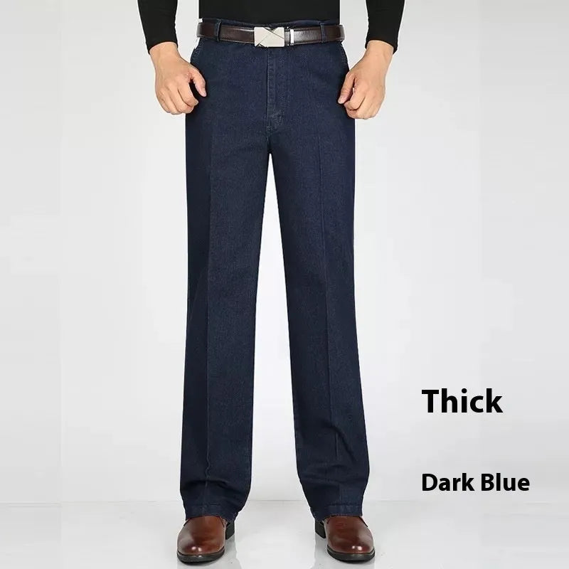 Men's high-waist loose blue denim trousers on a neutral background
