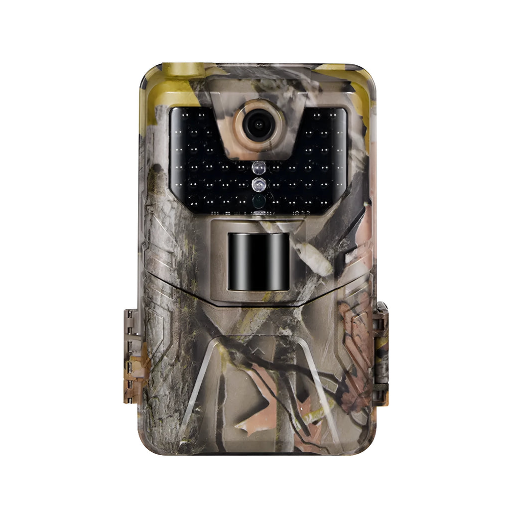 Compact camouflage infrared hunting camera with Bluetooth for mobile APP connectivity.