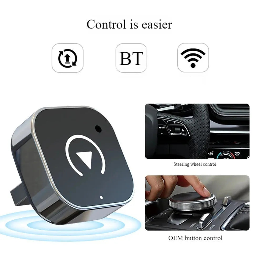 Black CarPlay wireless adapter box with USB connection for converting wired CarPlay systems
