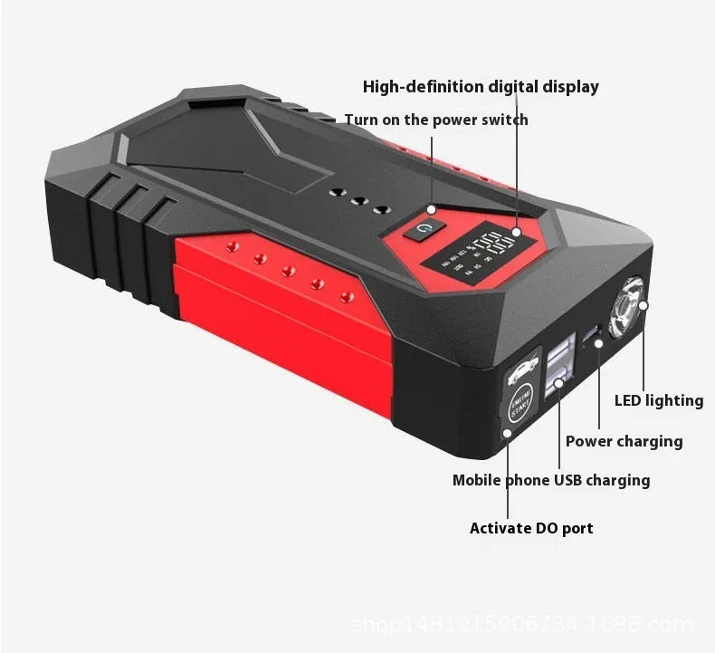 Red 12V car emergency jump starter power bank with battery clamps and 18800mAh capacity