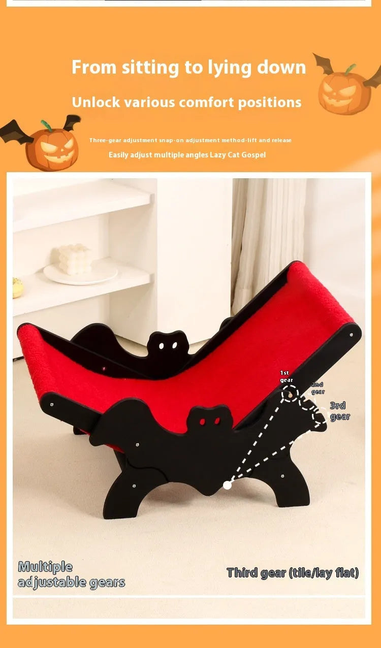 Wooden cat recliner with bat-shaped backrest in black and red Halloween colours