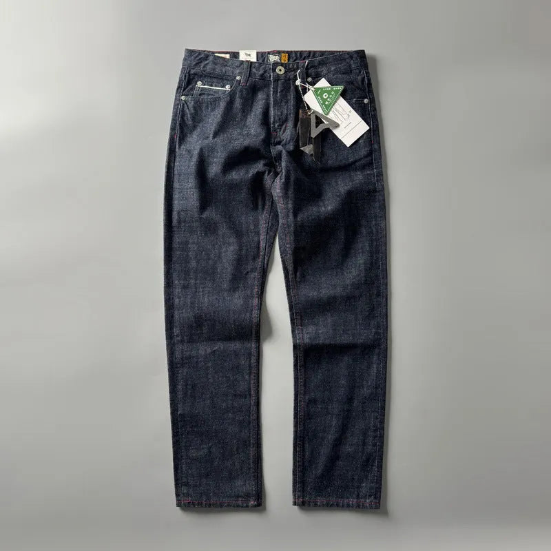 Men's straight-leg denim trousers in primary colour with mid-waist design and straight leg cut