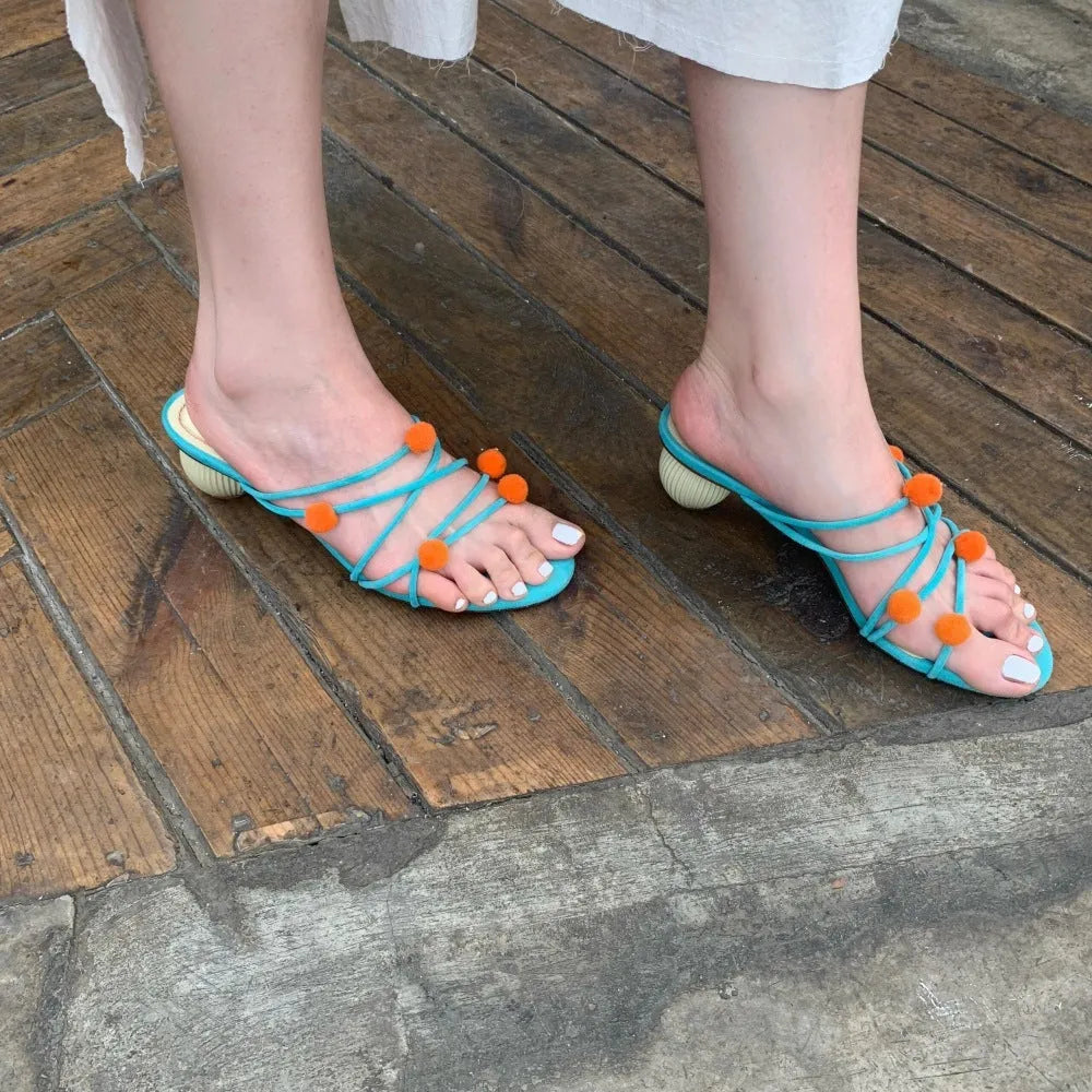 Cyan genuine leather lace-up high-heeled sandals with open toe and thin straps