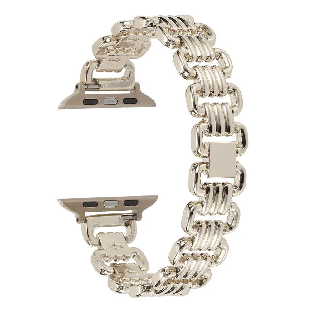 Alloy metal ladies watch bracelet for Apple Watch in silver, black, gold, rose gold, and Starlight colours, sizes 38-49mm