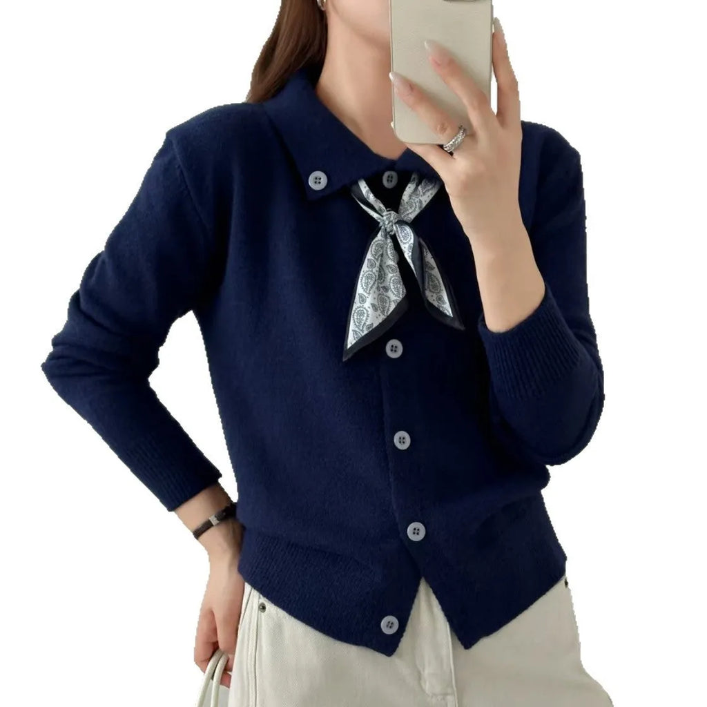 Lazy Fashion Lapel Scarf Sweater in cardigan style with integrated scarf, long sleeves, and acrylic fibre construction