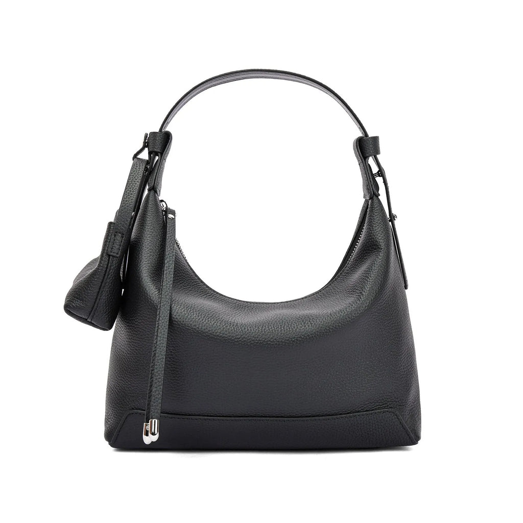 Simple grey genuine cowhide leather women's shoulder bag with visible stitching, shown on a neutral background.