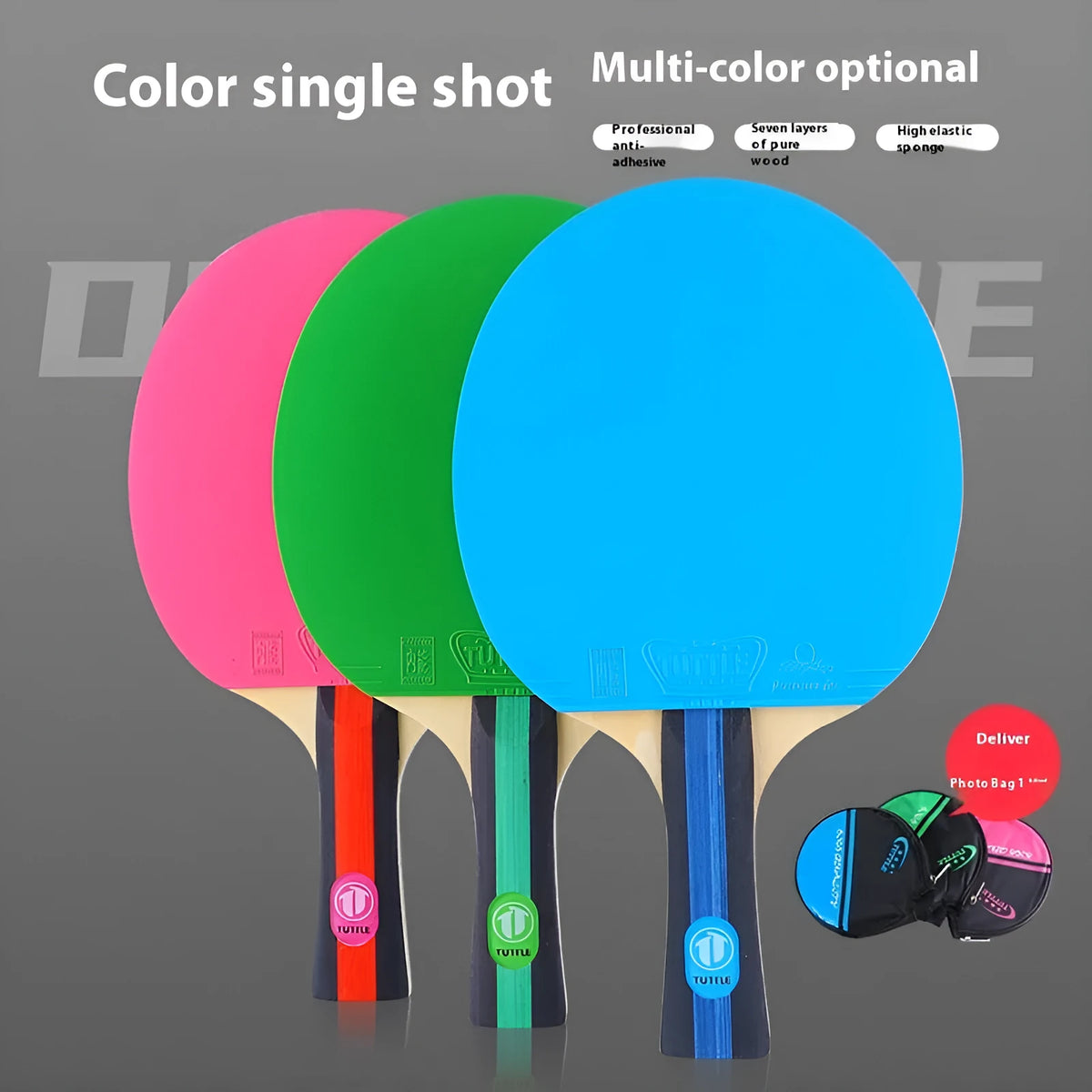 Single table tennis racket with high-elasticity rubber and long shakehand grip next to its matching protective carry bag.