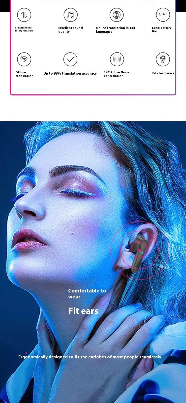 Wireless Bluetooth-compatible in-ear translation earphone in white or black ABS with touch control