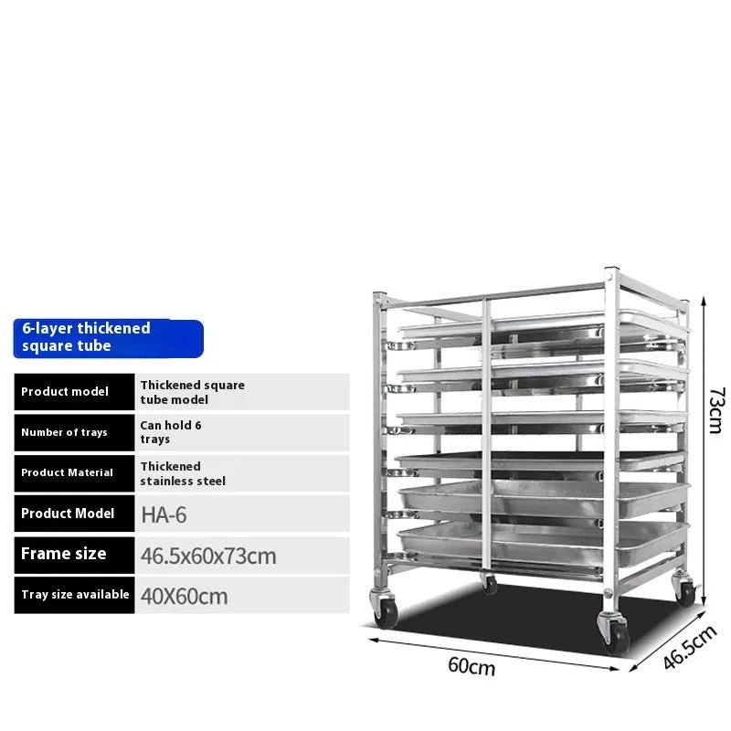 Stainless steel baking tray rack with lock, holding six 40x60cm trays