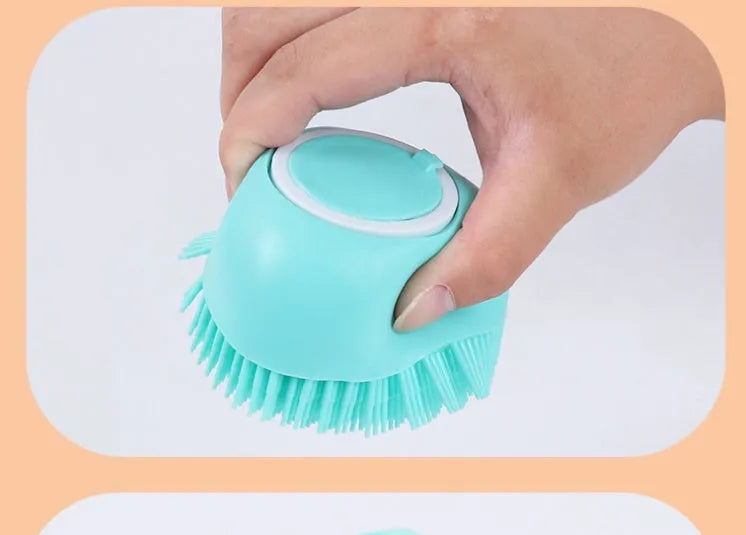 Blue silicone dog bath brush with flexible bristles on white background showing 9cm length