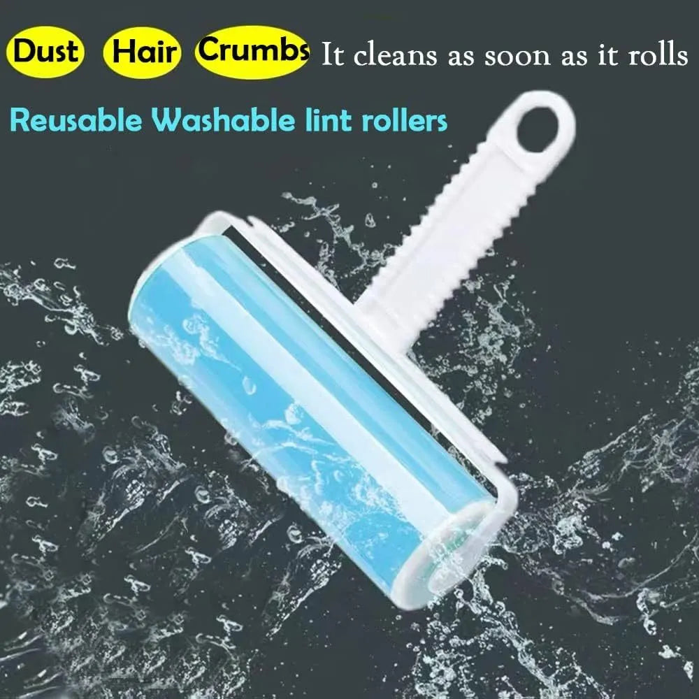 Washable lint roller in blue, green, pink, or yellow with cover, dimensions 17x10x4cm