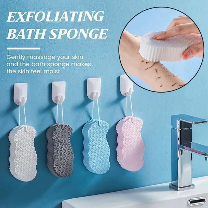3D body rubbing sponge with fish scale pattern in white, grey, pink, or light blue, showing super-soft texture for gentle exfoliation