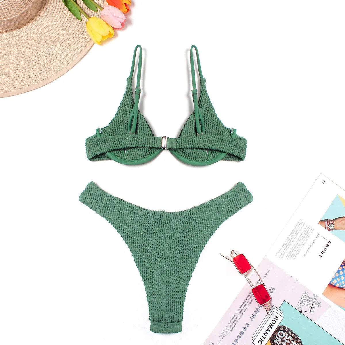 Green solid colour women's bikini with ruffle detail on top and briefs bottoms
