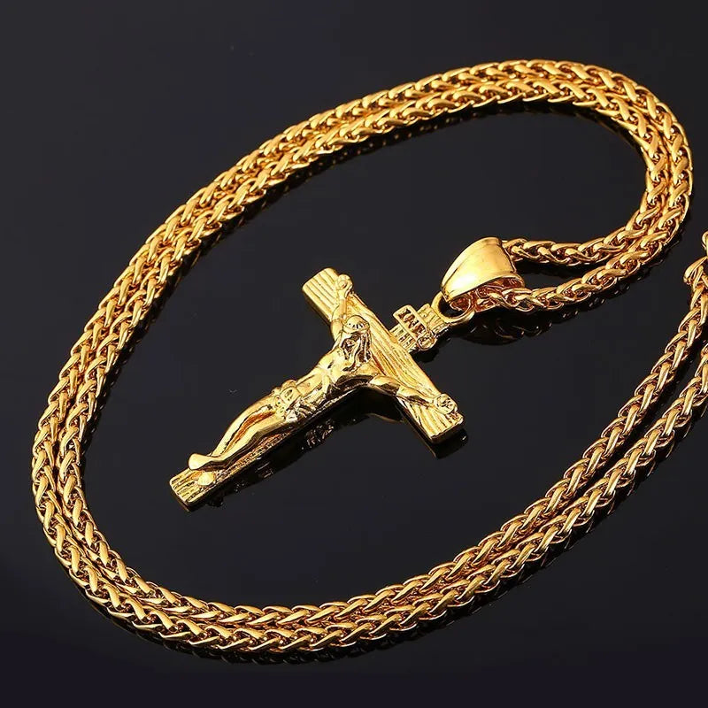 Unisex 60cm keel chain necklace with alloy cross or flower basket pendant in silver or gold