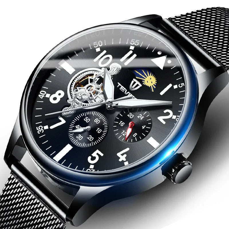 Black men's mechanical watch with moon phase display and luminous hands