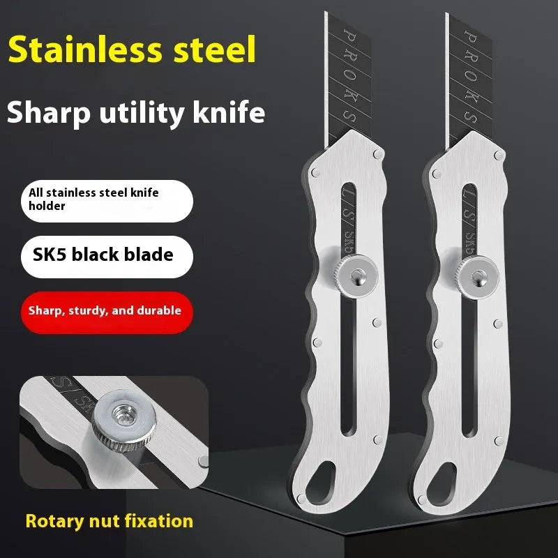 Stainless steel folding art knife with a black blade, shown with long and trapezoidal replacement blades.