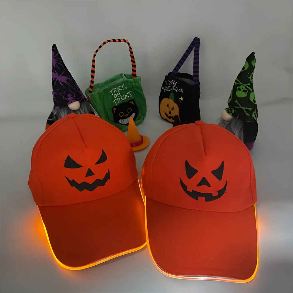 Halloween LED baseball cap with pumpkin smile design and coloured lights