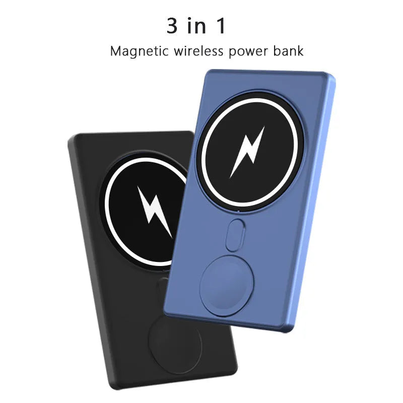 Black and blue slim magnetic wireless charging power bank showing 5000mAh capacity and three charging outputs.