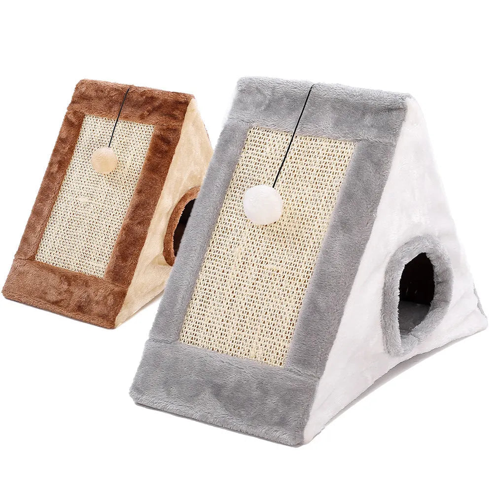 Triangular cat bed with sisal scratching surfaces on interior walls, available in grey/white or light brown/beige colour options
