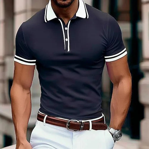 Men's loose fit striped short-sleeved t-shirt on a hanger, showing the pattern and casual style.