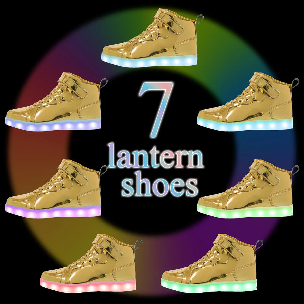 LED high-top shoes with illuminated soles in black colour showing Velcro fastening and rubber sole