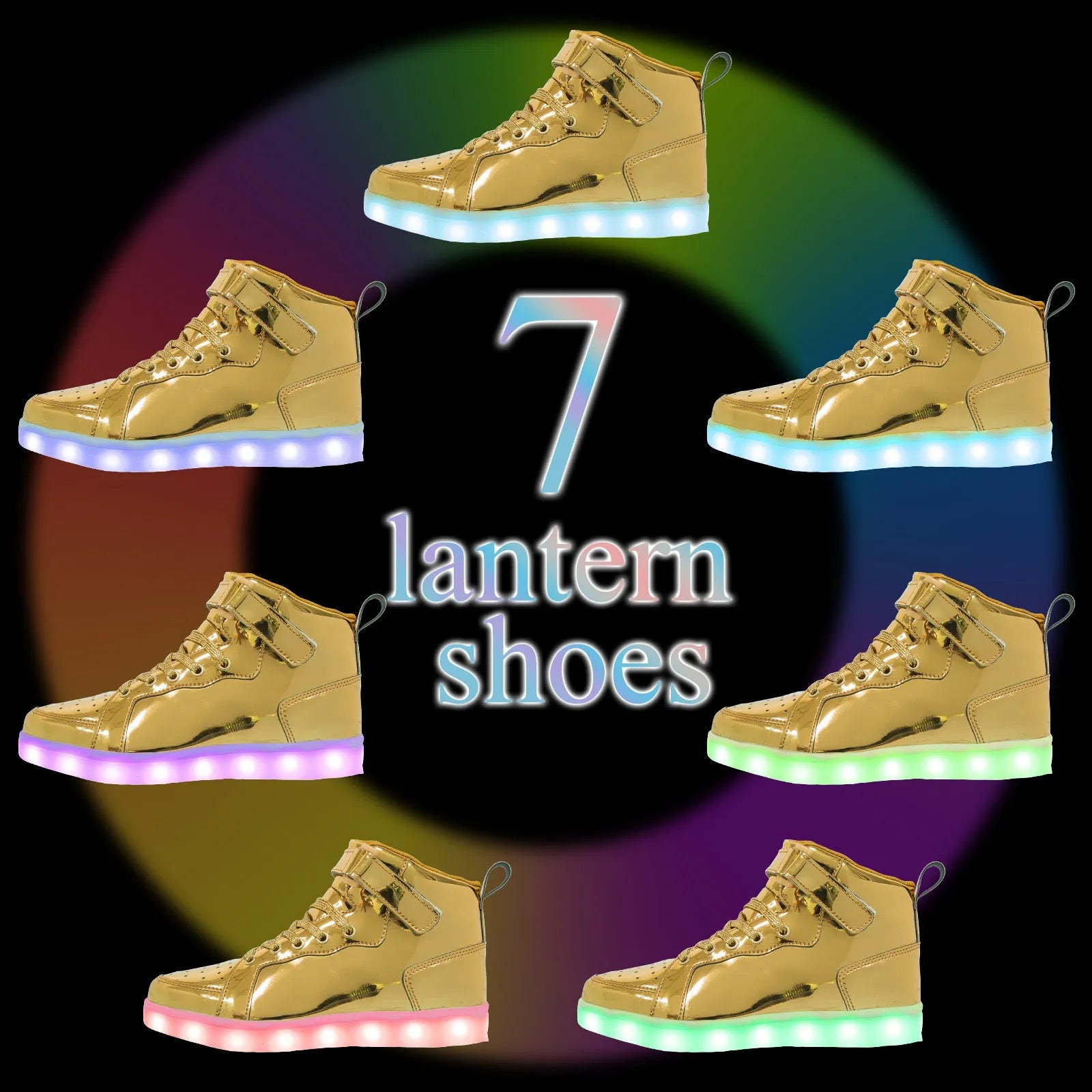 LED high-top shoes with illuminated soles in black colour showing Velcro fastening and rubber sole