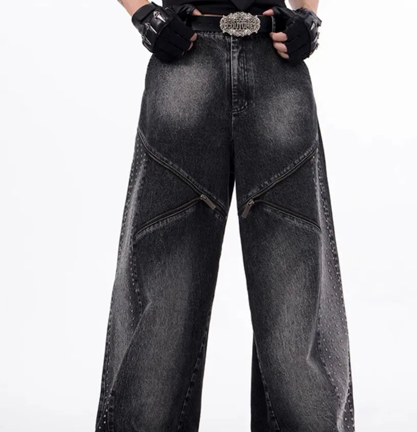 Women's black and grey washed denim wide leg pants with matching vest in Korean style