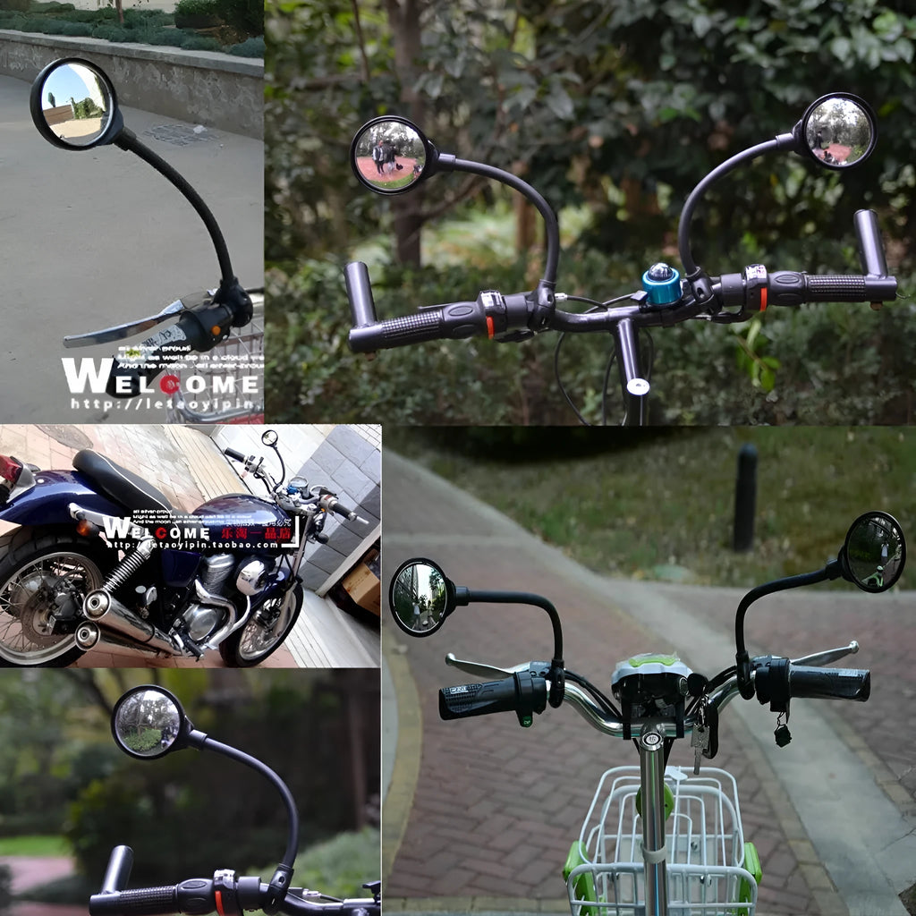 Black metal bicycle rearview mirror with hose adjustment system shown in dual pack configuration