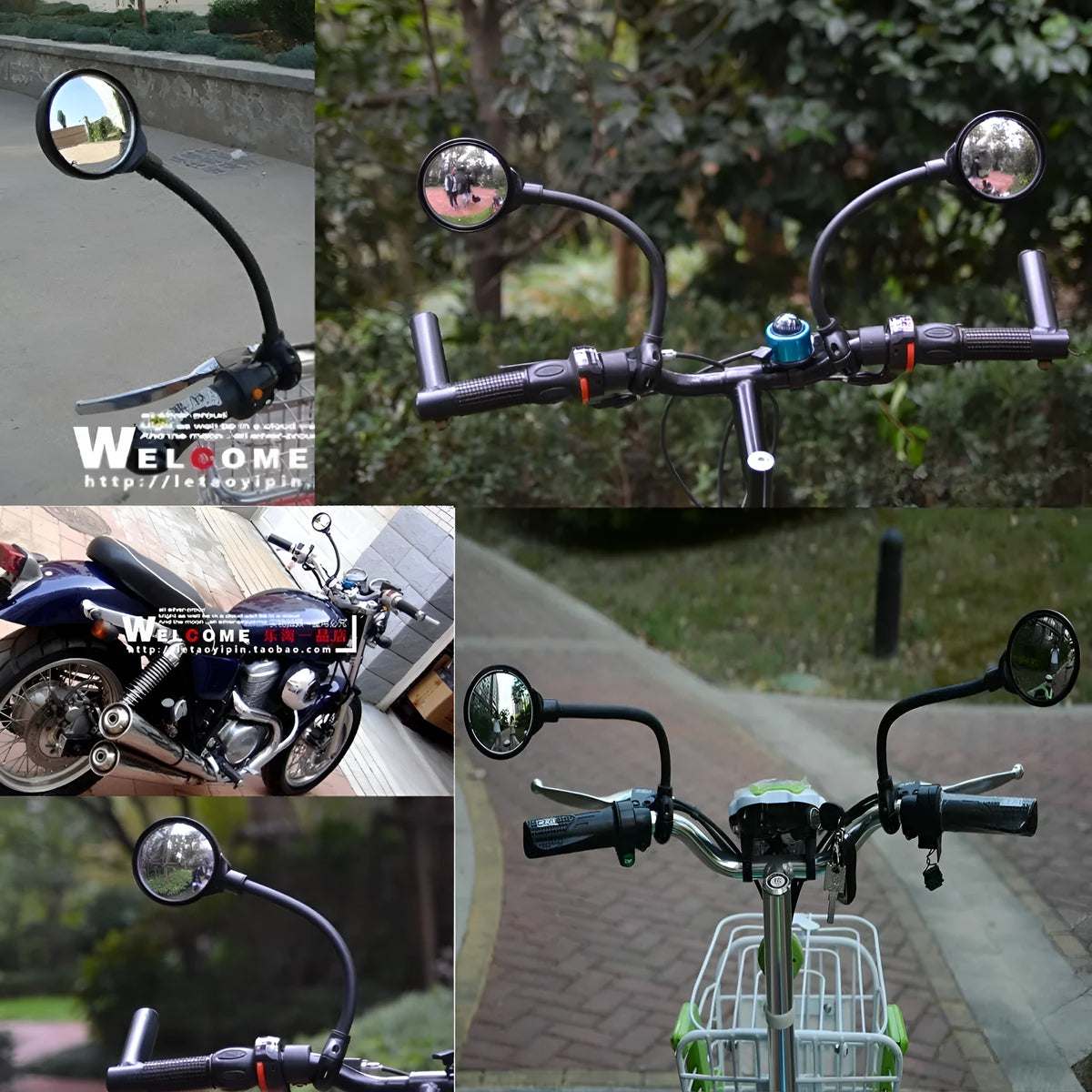 Black metal bicycle rearview mirror with hose adjustment system shown in dual pack configuration