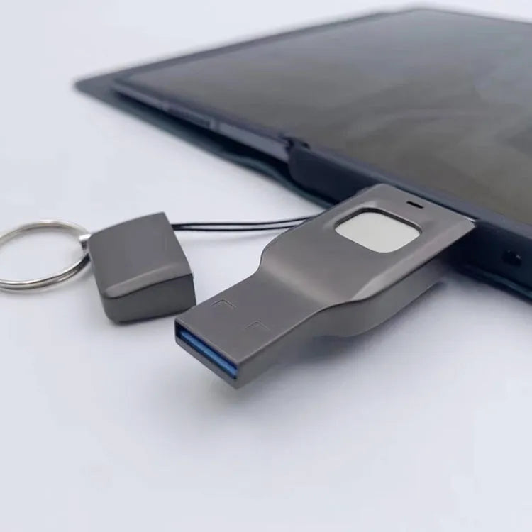 Black fingerprint USB disk showing USB 3.0 connector and Type-C connector with biometric sensor