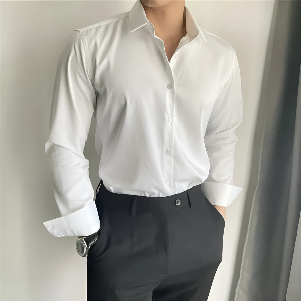 Men's slim fit Korean-style cardigan shirt in solid colour, available in dark grey, black, or white.