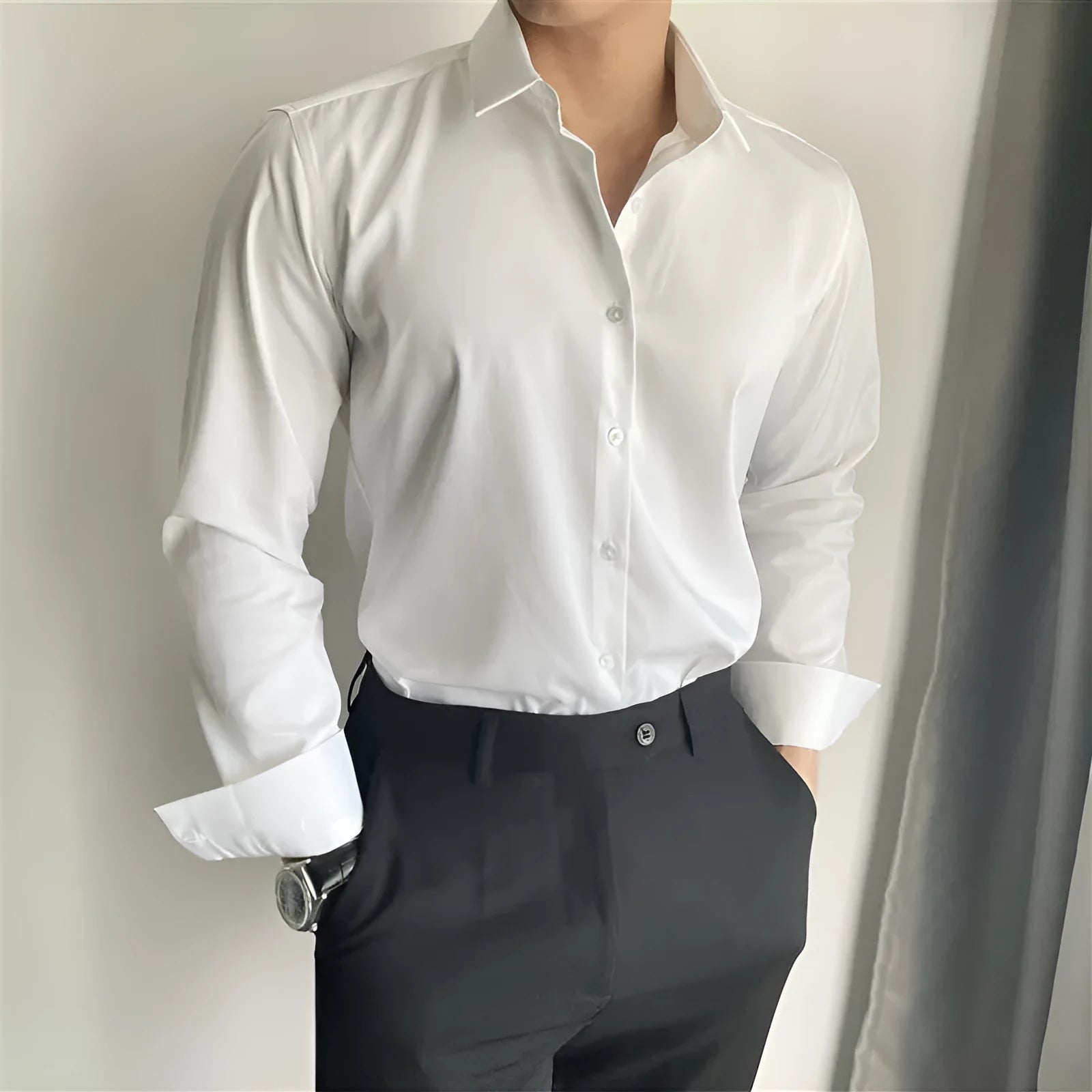 Men's slim fit Korean-style cardigan shirt in solid colour, available in dark grey, black, or white.