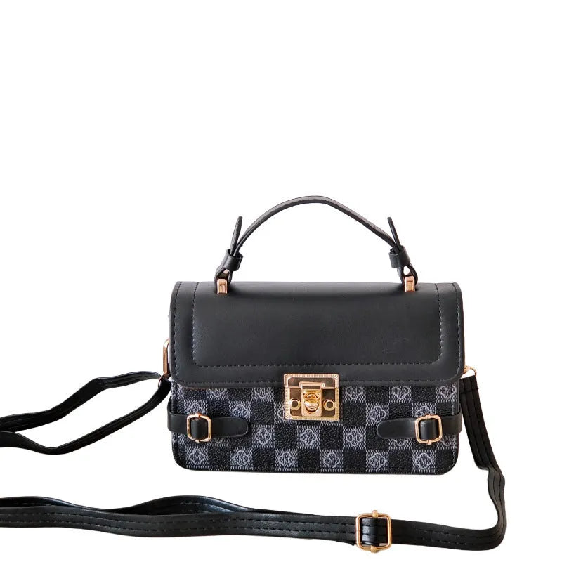 Retro small square pattern crossbody bag showing file bag interior and 19.5x7.5x12cm dimensions
