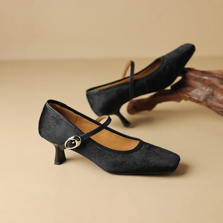 Women's black square toe stiletto ankle-strap shoes with horse hair upper and adjustable buckle closure