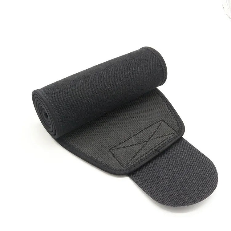 Neoprene lumbar support belt wrapped around waist showing adjustable hook-and-loop closure in black colour